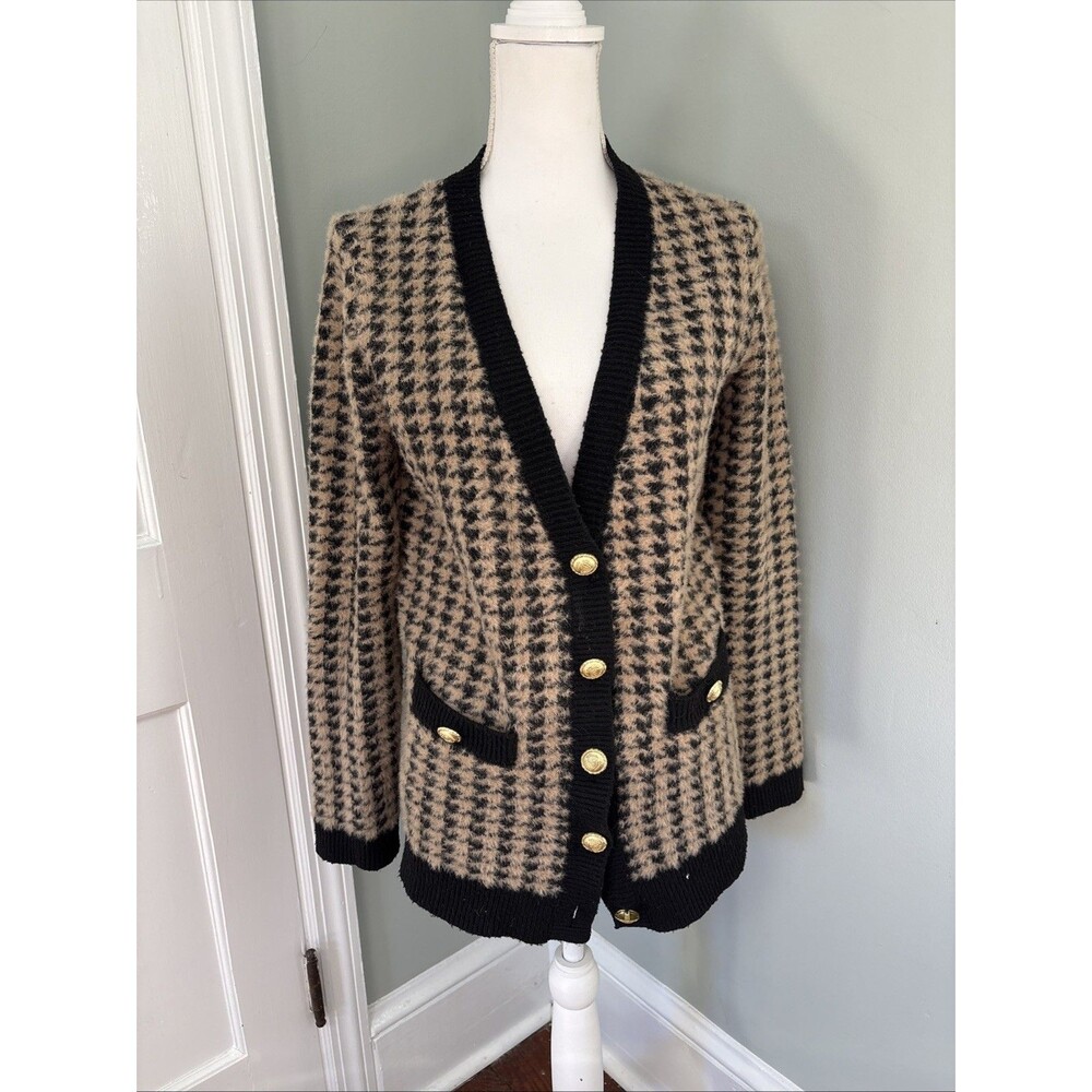 Classic Houndstooth Button-Front Cardigan Sweater - Black & Beige